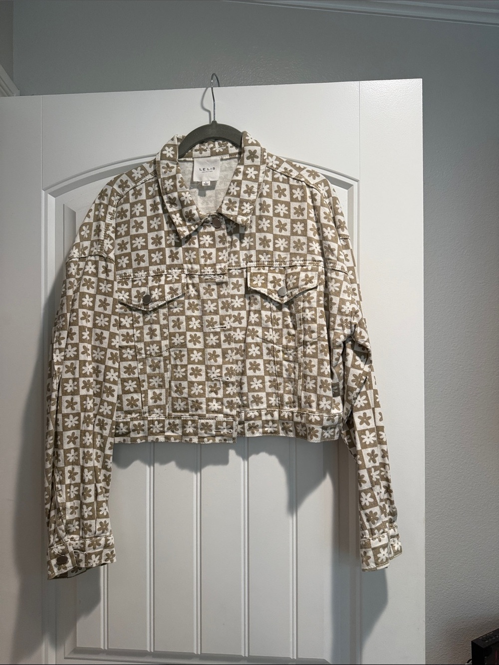 Le Lis Beige and White Cropped Floral-Check Denim Jacket
